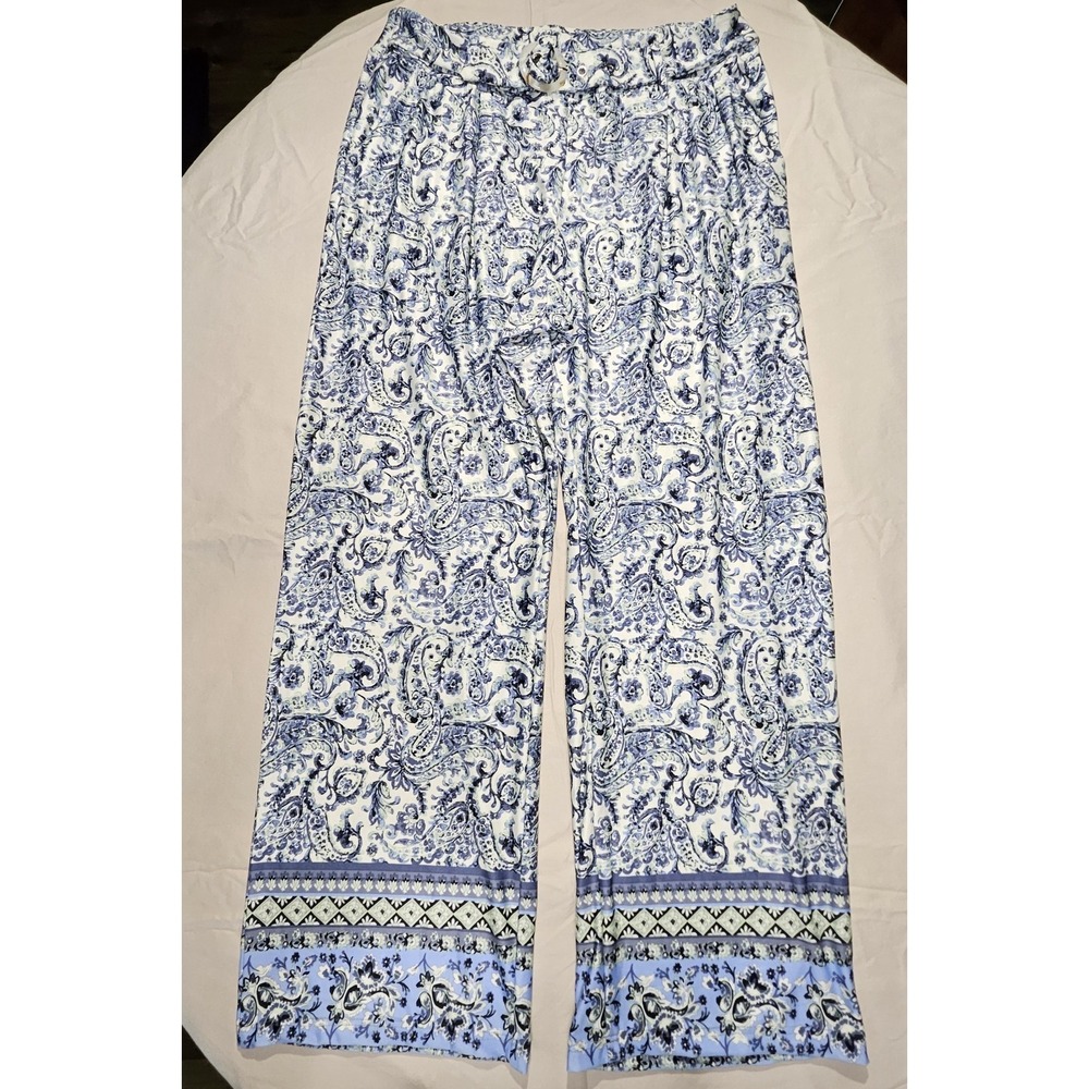 Cato Womens Plus 14/16W Paisley Wide Leg Pants Blue White Belted Boho Palazzo